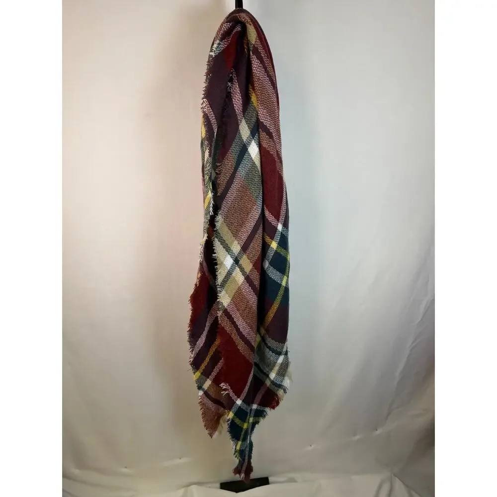 Cozy Plaid Frayed Edge Blanket Scarf Fall Winter Tartan Soft Warm Boho Preppy